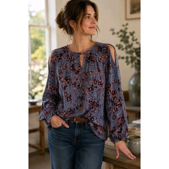 Abercrombie & Fitch Tops - Abercrombie Slate Blue Floral Cold Shoulder Blouse Women's Small Boho Fall Top
